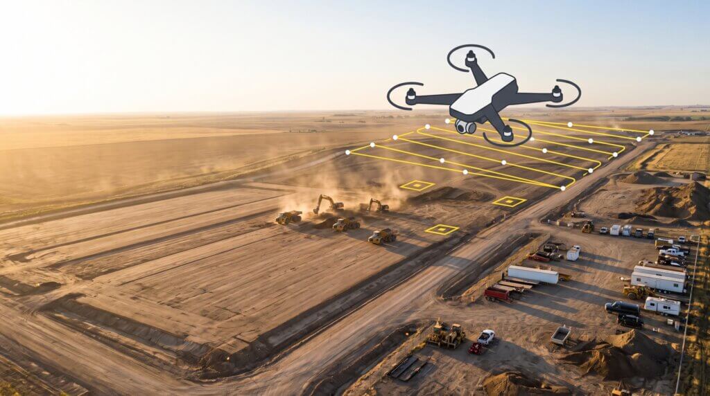 Survey drone flying over an active earthwork site with an illustrated flight path, capture points, and ground control markers