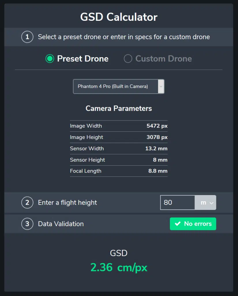 Propeller GSD (ground sample distance) calculator screenshot