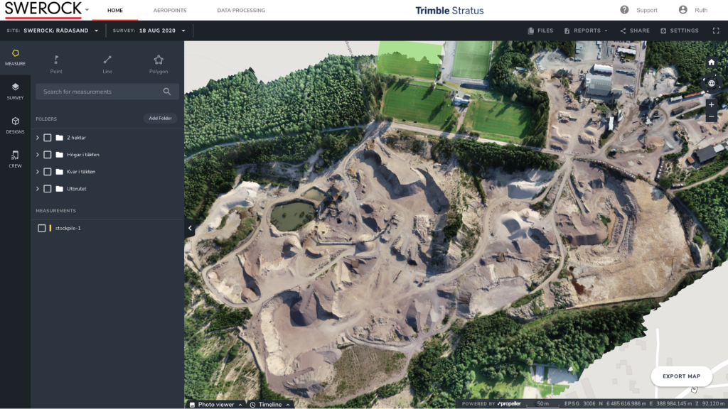 screenshot Swerock quarry in Trimble Stratus platform