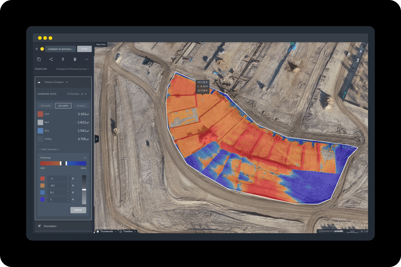 Cut fill heat map on Propeller Aero's software