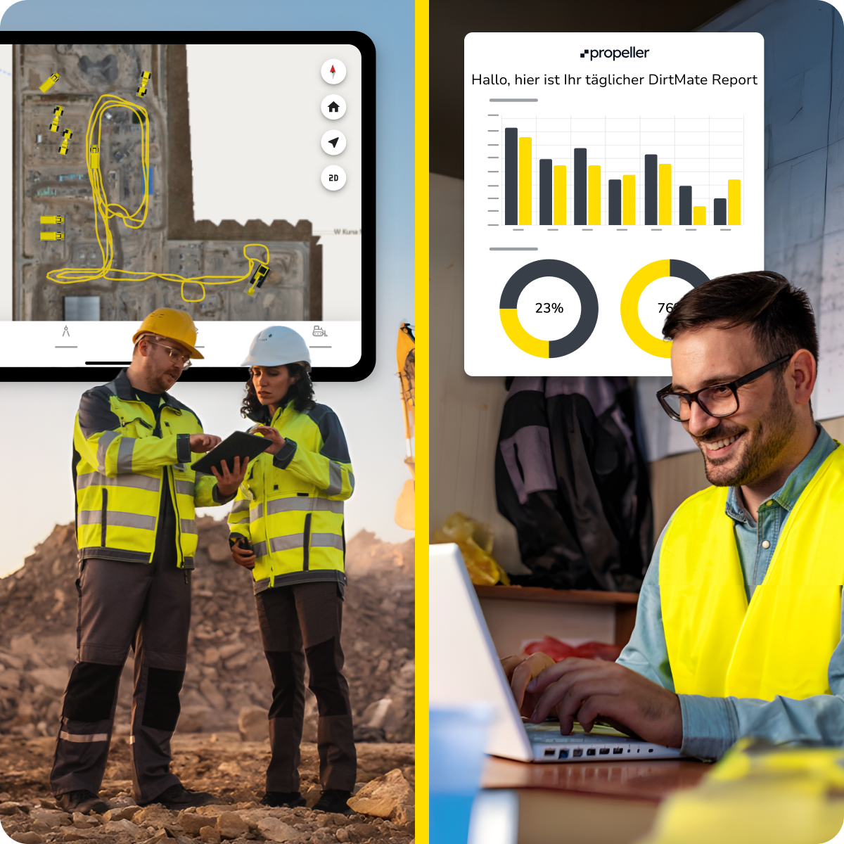 Collage aus Mitarbeitern auf der Baustelle und im Büro