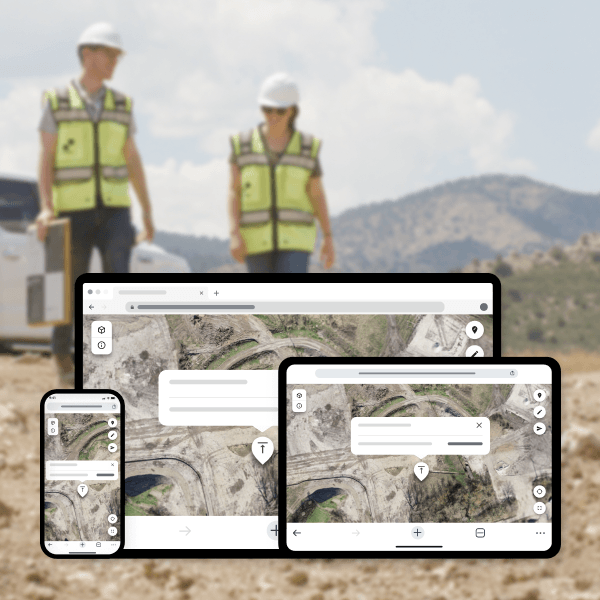 people walking on a construction worksite with software UI of Propeller showing us where they are