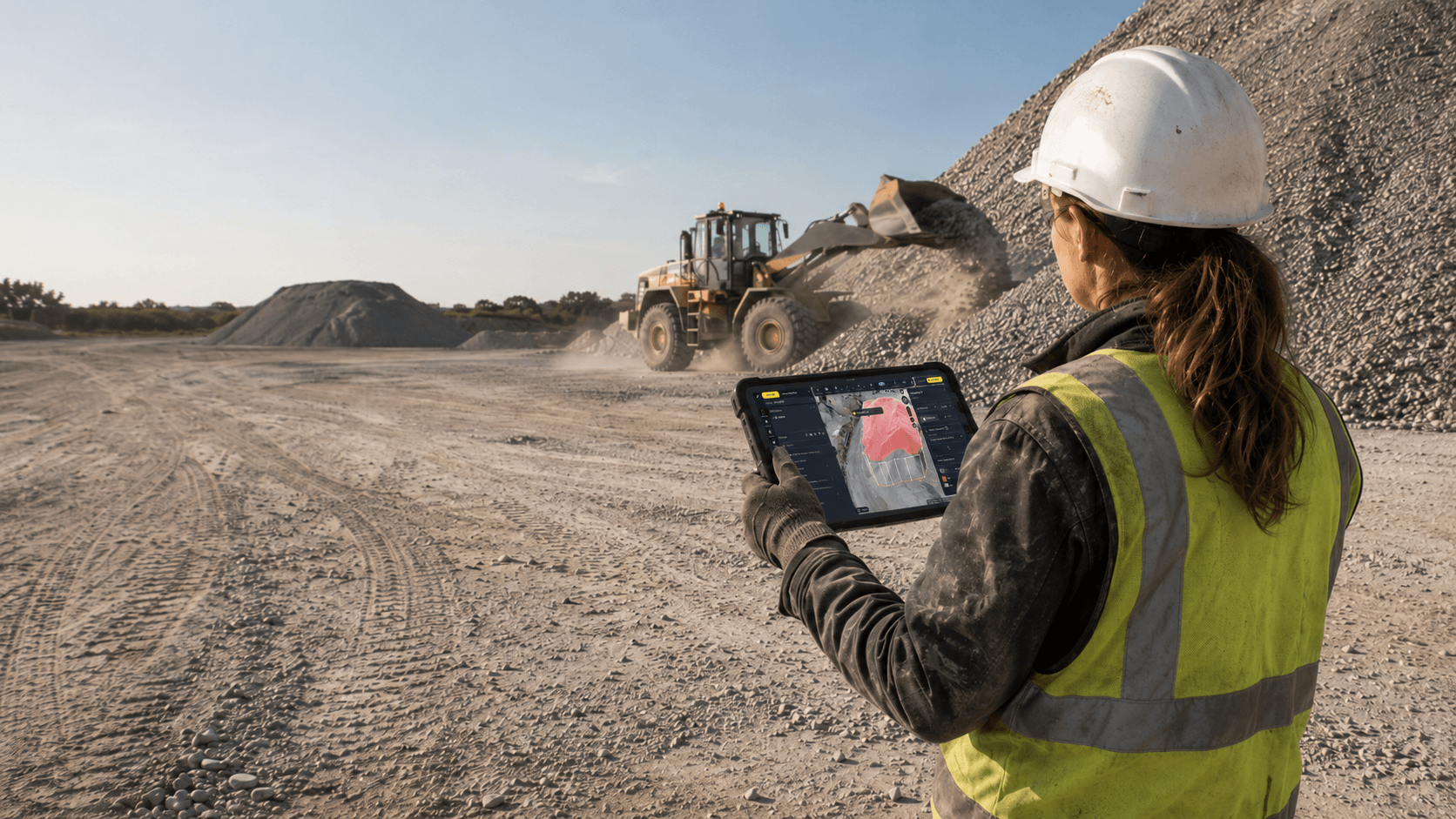 a quarry/aggregates manager looking at a stockpile on site while visualizing the same stockpile in propeller