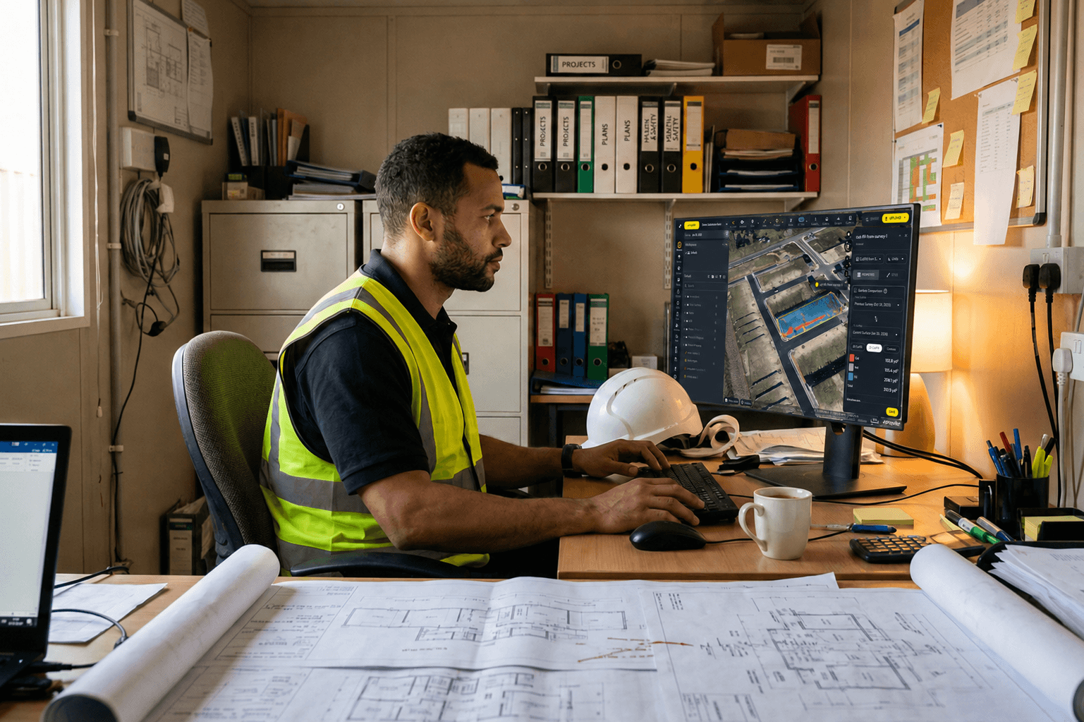 Man in a construction site trailer working on a computer