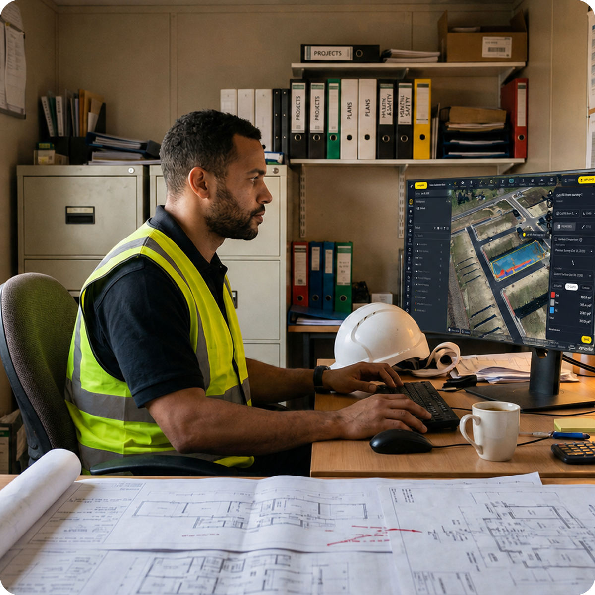 Man in a construction site trailer working on a computer