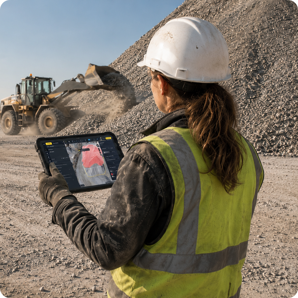 a quarry/aggregates manager looking at a stockpile on site while visualizing the same stockpile in propeller