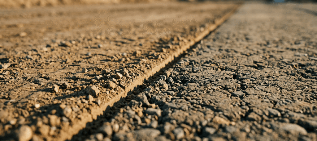 Ground-level view of a graded construction earthwork surface showing two soil textures meeting along a clean line, evoking stitched orthomosaic map tiles