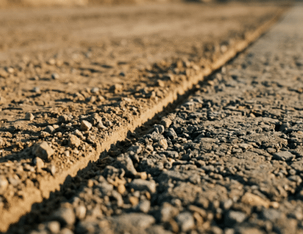 Ground-level view of a graded construction earthwork surface showing two soil textures meeting along a clean line, evoking stitched orthomosaic map tiles