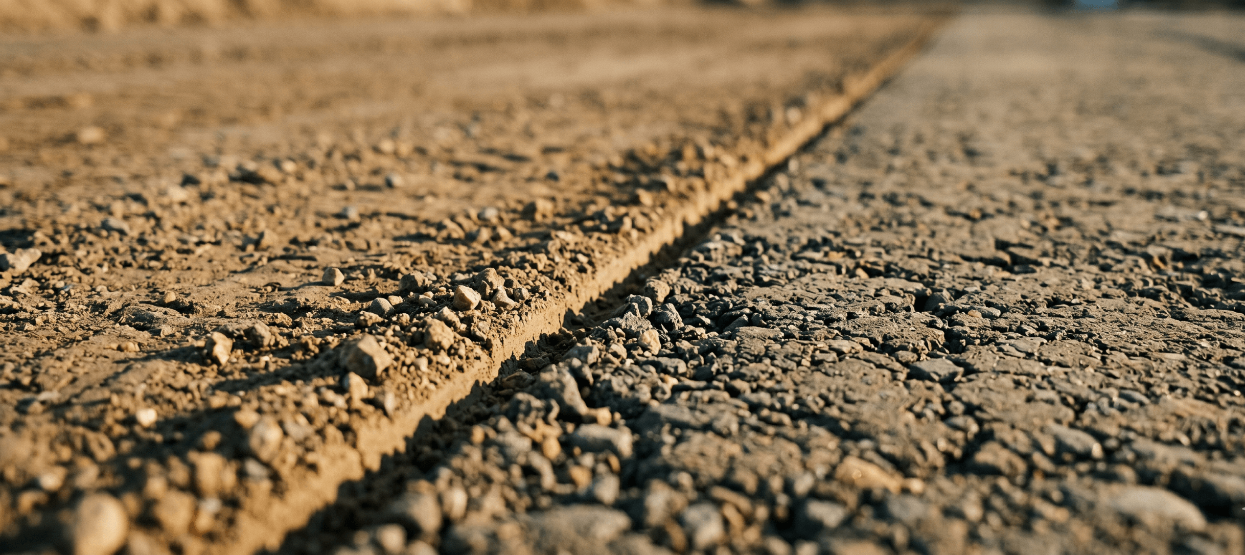 Ground-level view of a graded construction earthwork surface showing two soil textures meeting along a clean line, evoking stitched orthomosaic map tiles