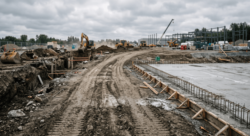 Ground-level view of an active construction site showing a fresh concrete pour, graded haul road, and open trench excavation under overcast daylight
