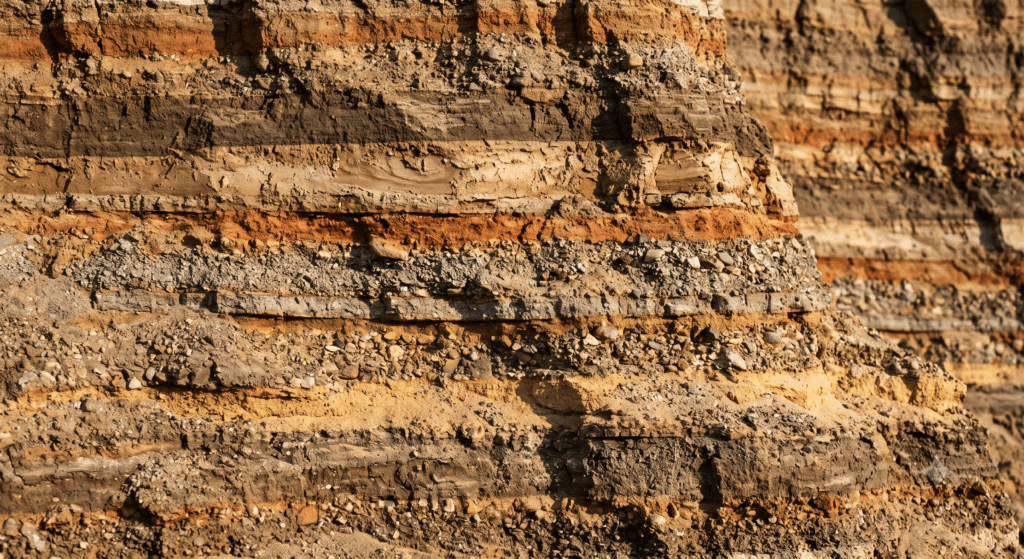 Close-up of stacked horizontal layers in a cut bank of sediment and aggregate Title: Layers of time