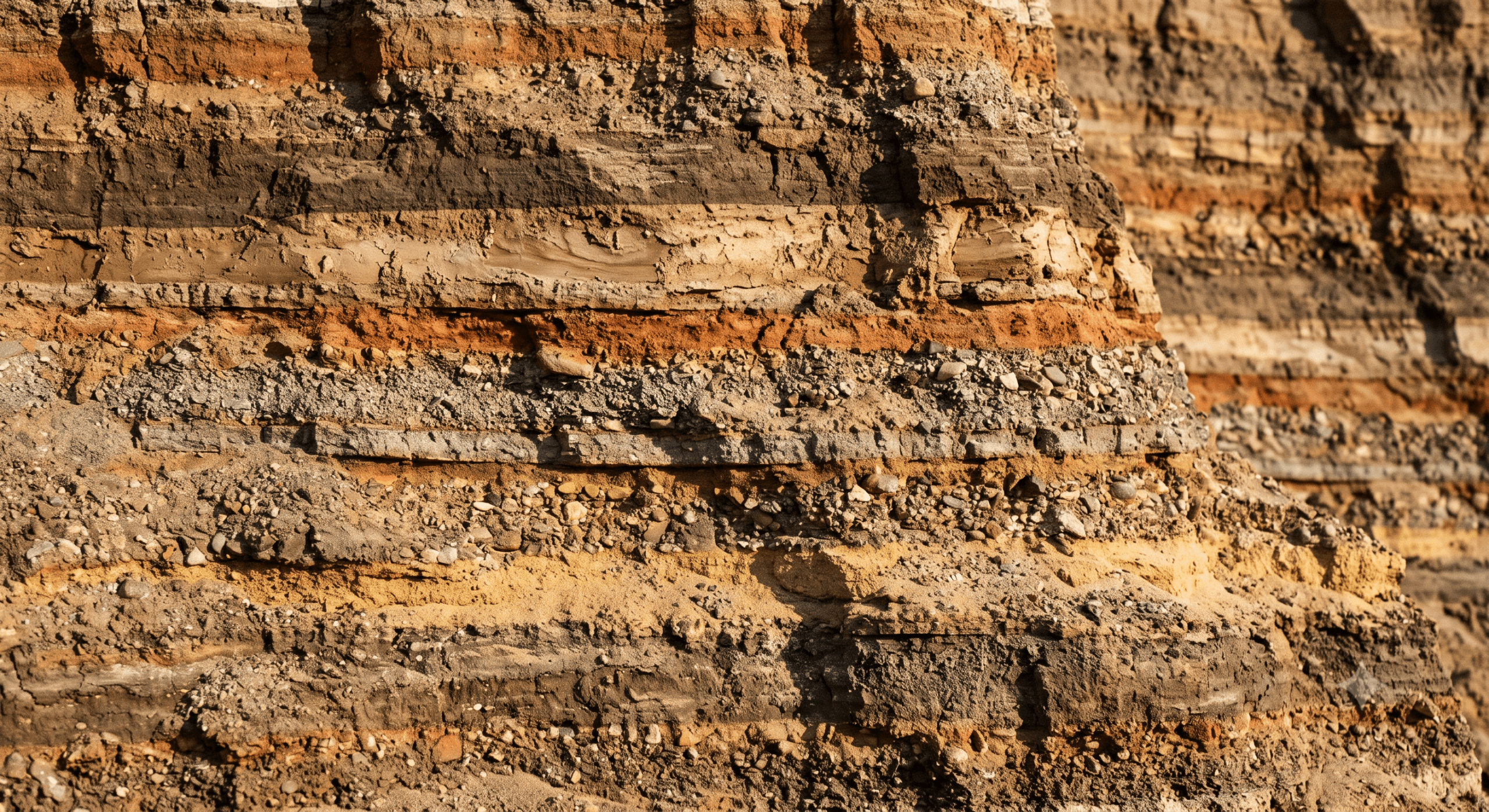 Close-up of stacked horizontal layers in a cut bank of sediment and aggregate Title: Layers of time