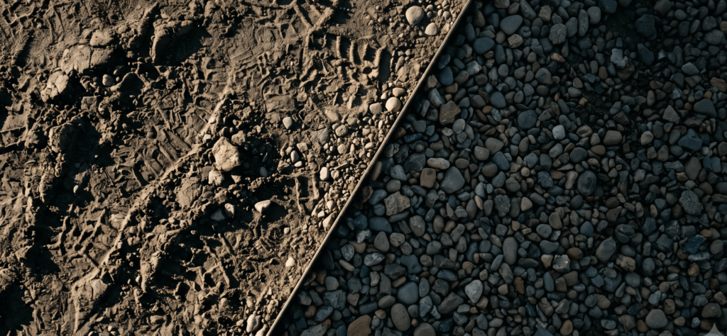 A diagonal dividing line where disturbed, scuffed ground meets clean untouched gravel