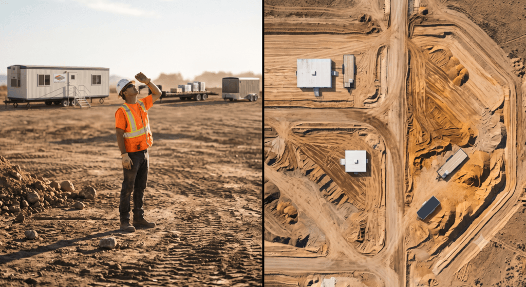 Split-frame image showing a construction worker looking up from ground level on the left, and a top-down drone aerial view of the same earthworks site on the right