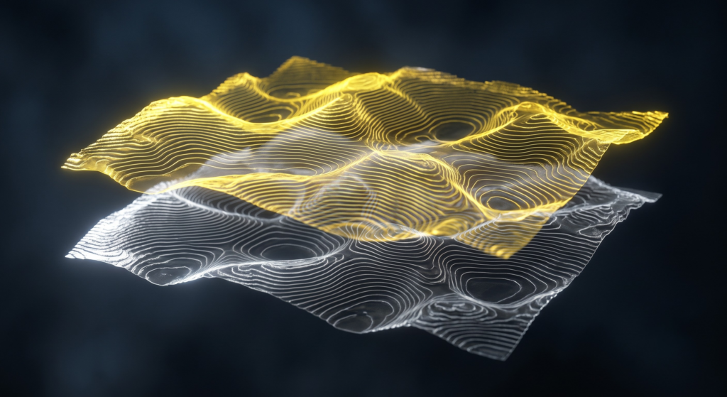 Two translucent topographic surfaces layered slightly out of alignment in cool blue and warm amber