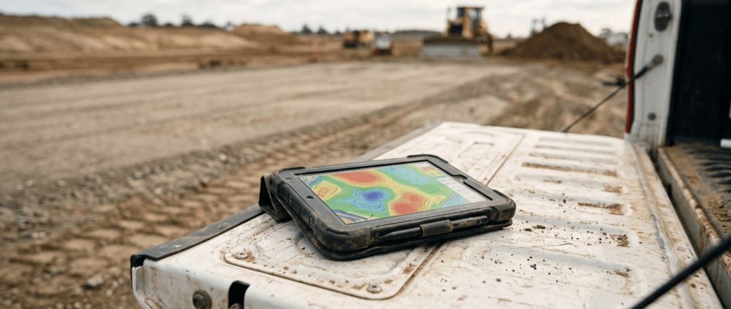 Rugged tablet on a work truck tailgate displaying a construction site map at an active earthwork site