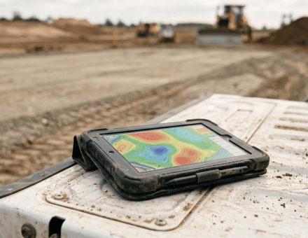 Rugged tablet on a work truck tailgate displaying a construction site map at an active earthwork site