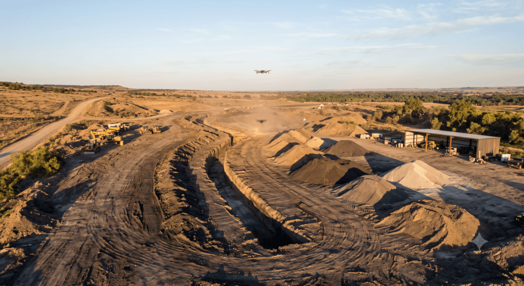 Aerial view of an active earthwork site at late afternoon, showing an open trench, covered stockpile shed, and a drone overhead casting a shadow on graded soil