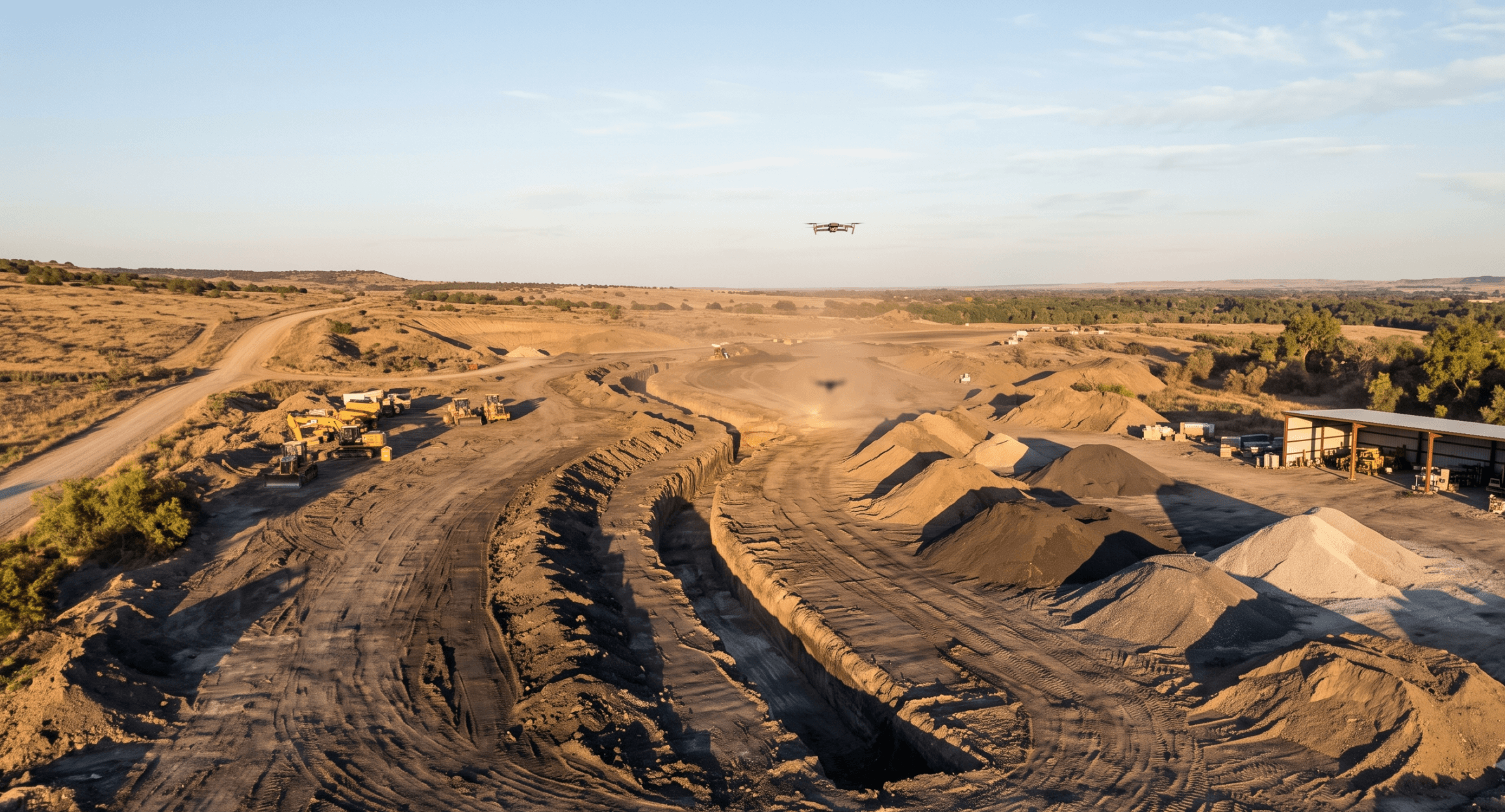 Aerial view of an active earthwork site at late afternoon, showing an open trench, covered stockpile shed, and a drone overhead casting a shadow on graded soil