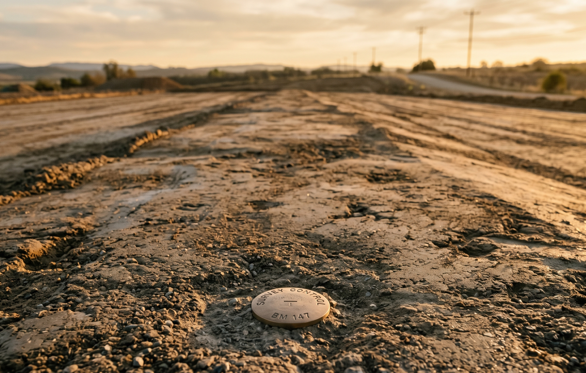 Low-angle view of a freshly graded construction subgrade with a survey control disc in the foreground