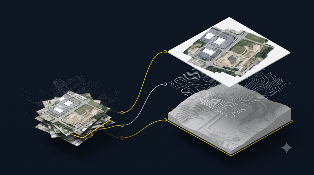 Isometric illustration of raw drone photos and a point cloud assembling into a single layered site map with orthomosaic, contour, and 3D terrain layers