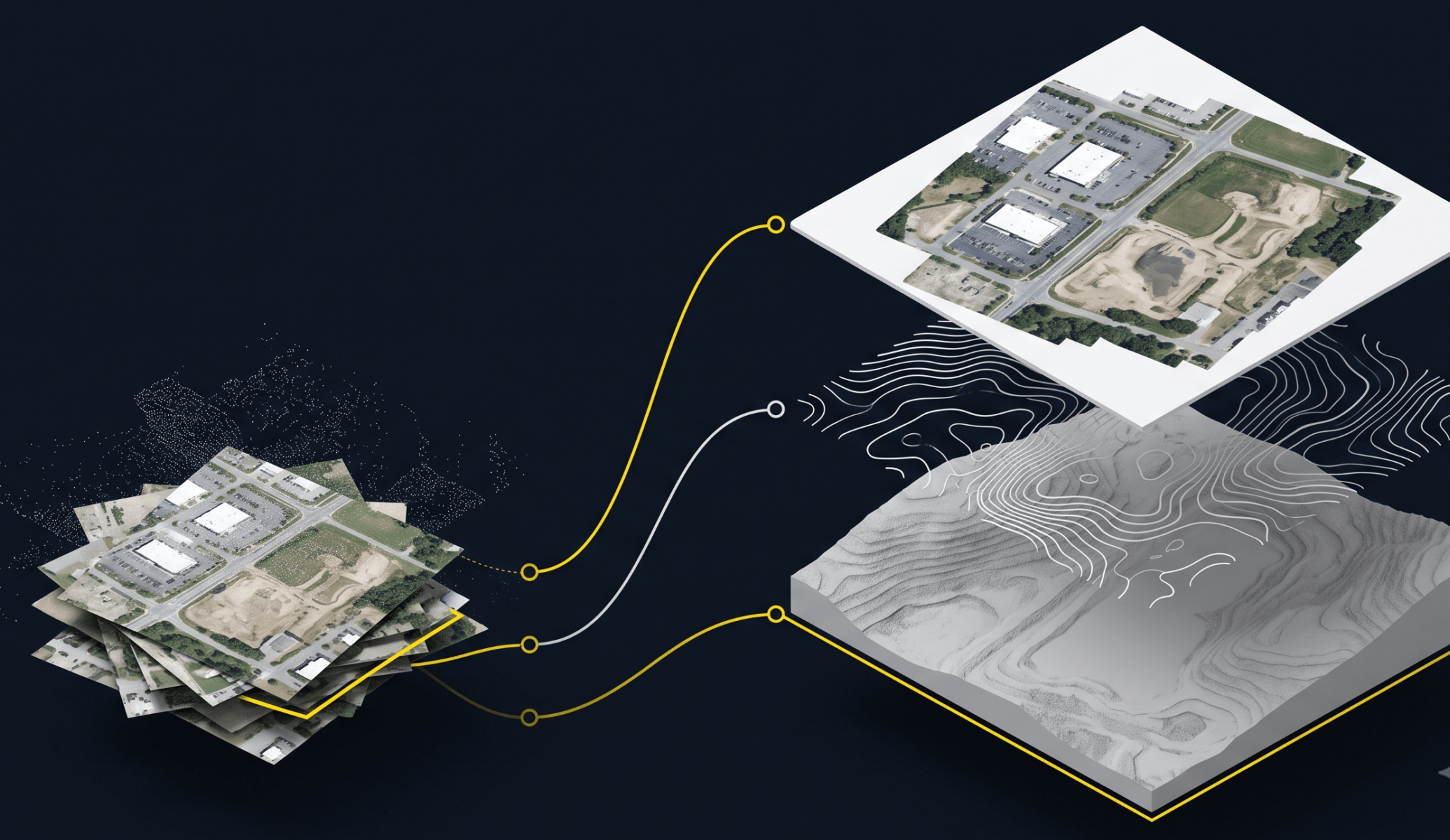 Isometric illustration of raw drone photos and a point cloud assembling into a single layered site map with orthomosaic, contour, and 3D terrain layers