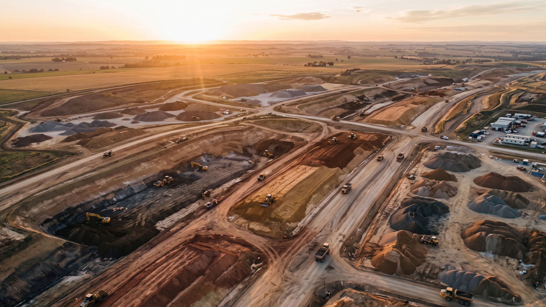 Aerial view of a large active earthworks construction site showing graded terrain, haul roads, and material stockpiles