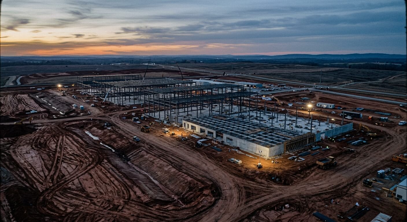 Aerial view of an active data center construction site at dusk, with graded earth, haul tracks, and steel-frame foundations rising against a dramatic amber and steel-blue sky