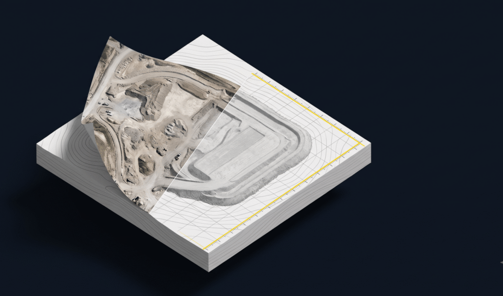 Isometric illustration of a terrain tile transforming from a distorted aerial photo into a geometrically corrected orthophoto map with a measurement grid and coordinate ticks