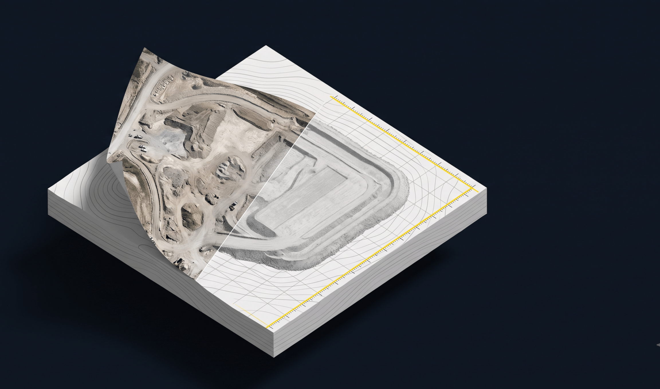 Isometric illustration of a terrain tile transforming from a distorted aerial photo into a geometrically corrected orthophoto map with a measurement grid and coordinate ticks