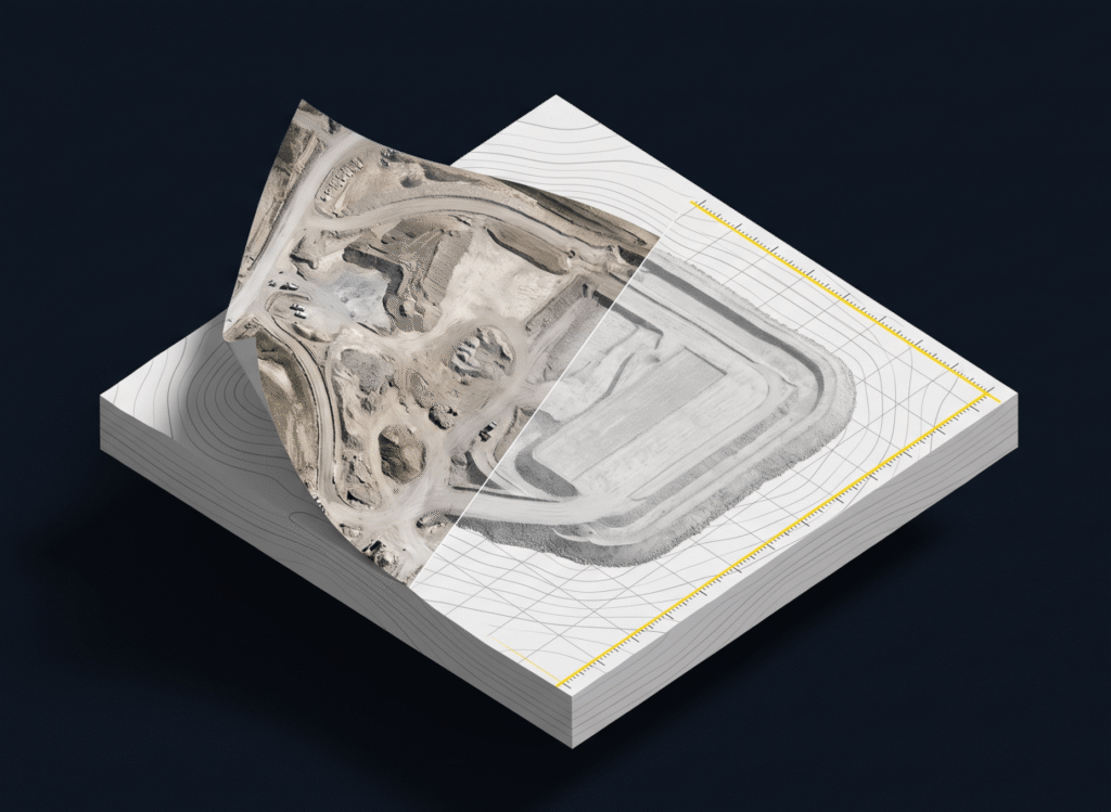 Isometric illustration of a terrain tile transforming from a distorted aerial photo into a geometrically corrected orthophoto map with a measurement grid and coordinate ticks
