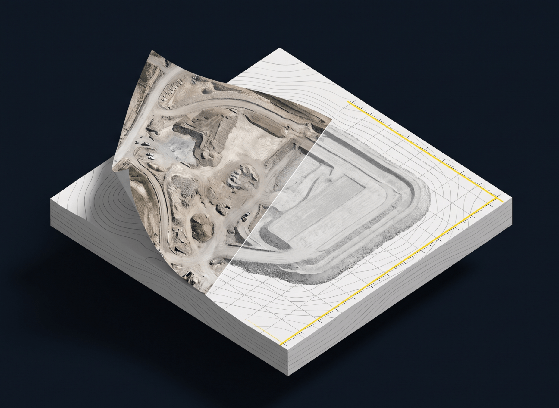 Isometric illustration of a terrain tile transforming from a distorted aerial photo into a geometrically corrected orthophoto map with a measurement grid and coordinate ticks