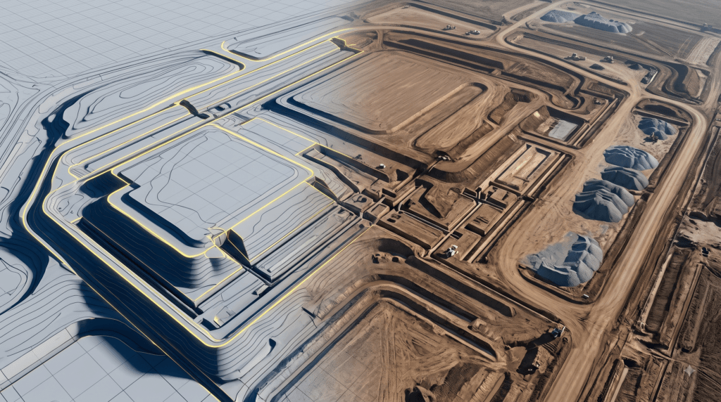 Aerial 3D render of a data center construction site with graded earth, utility trenches, and drainage controls transitioning into a digital site map