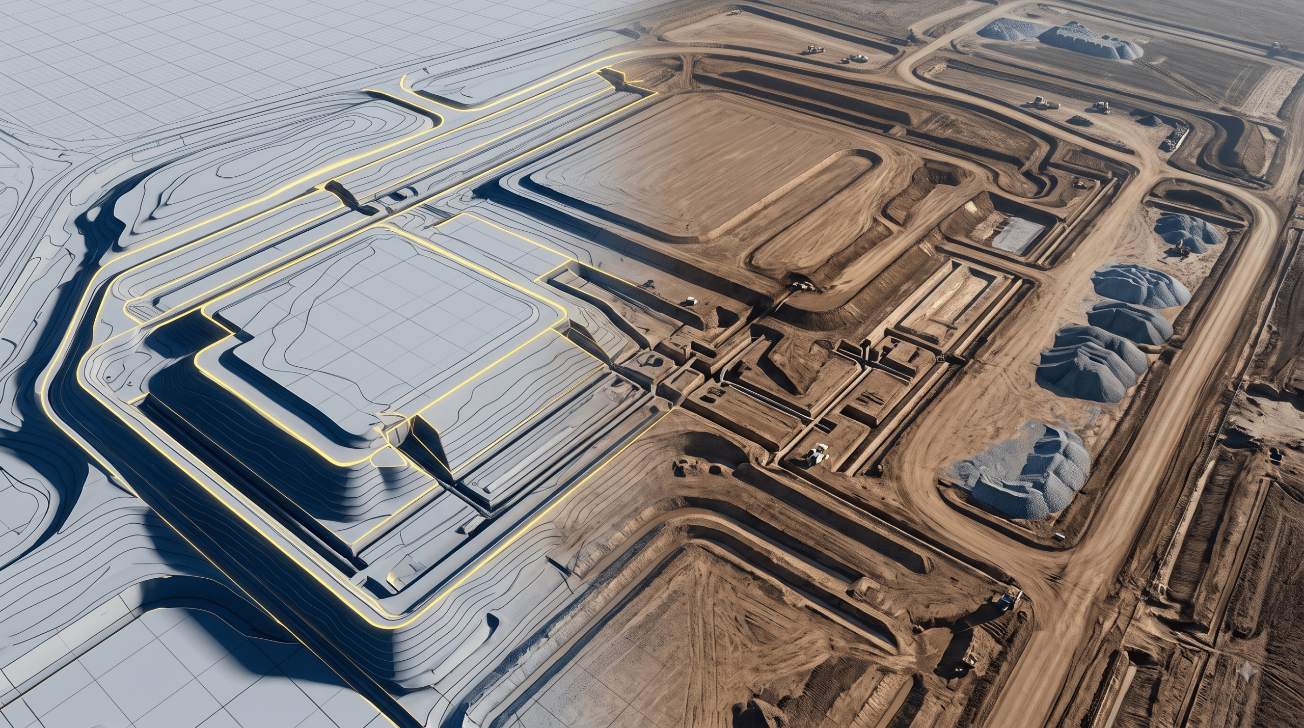 Aerial 3D render of a data center construction site with graded earth, utility trenches, and drainage controls transitioning into a digital site map