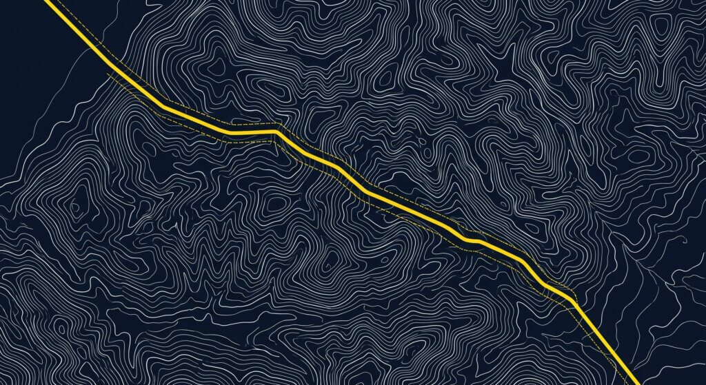 Topographic contour map in navy with a yellow boundary line marking a regulatory zone