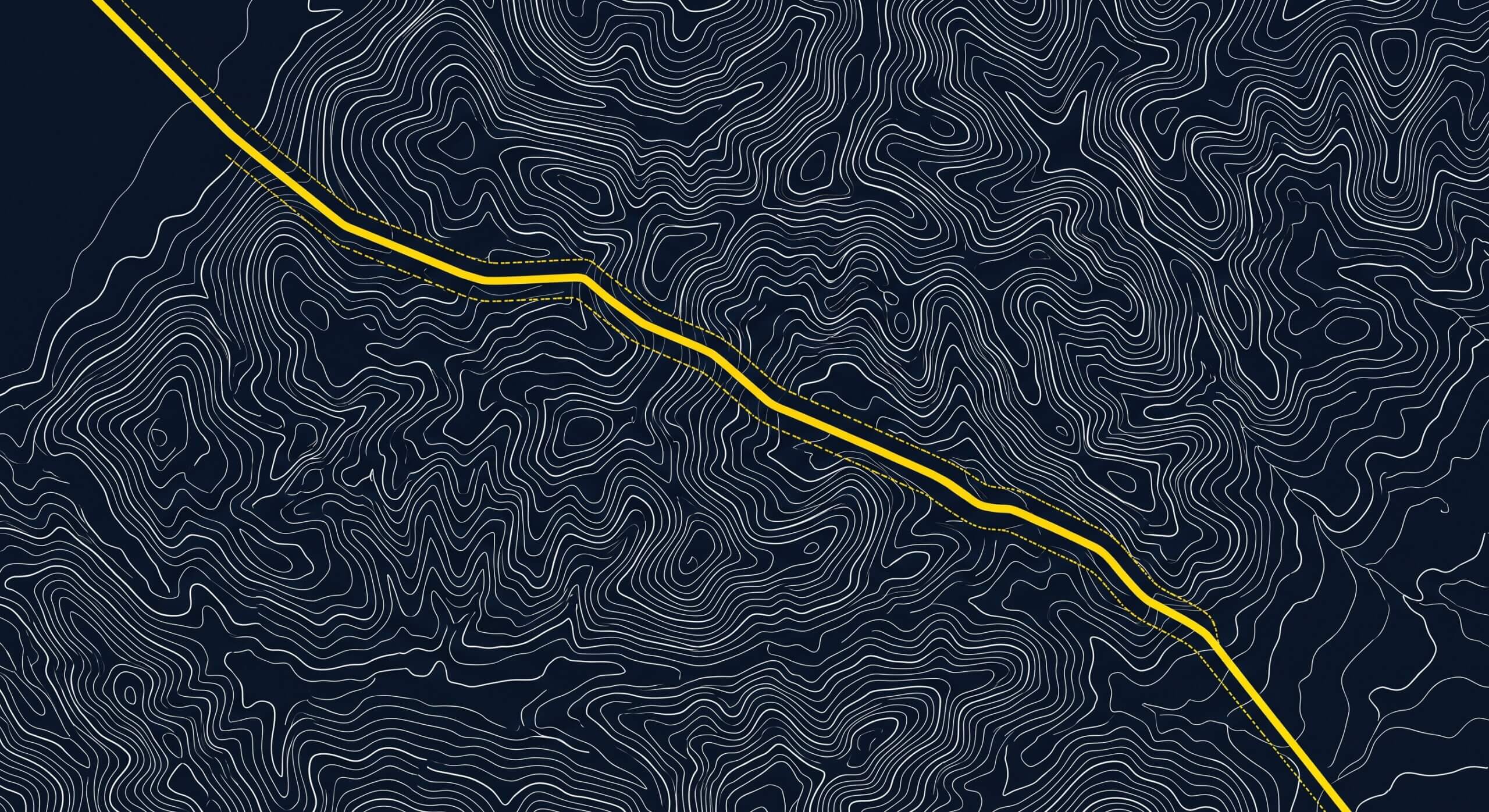 Topographic contour map in navy with a yellow boundary line marking a regulatory zone