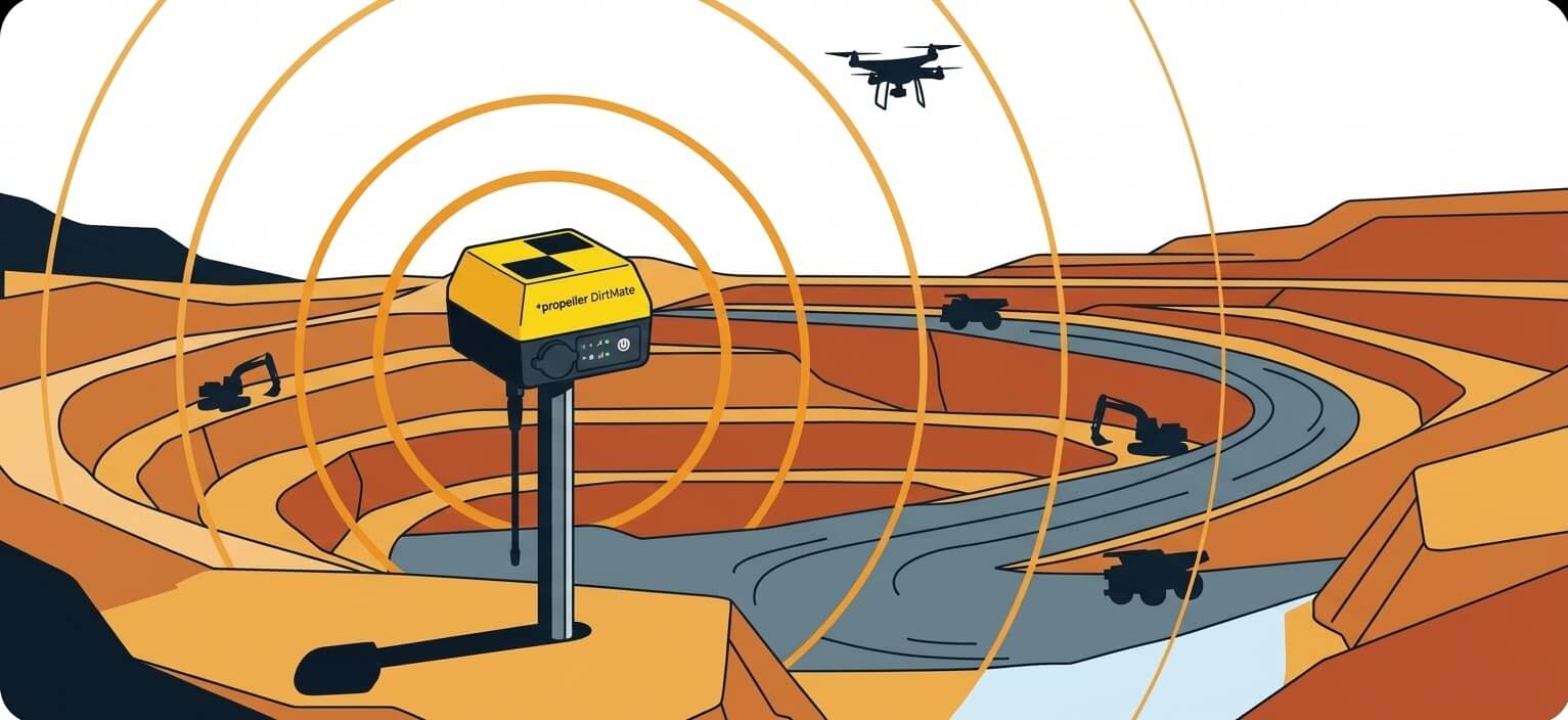 Illustrated aerial view of a DirtMate Base Station mounted on a fixed post at an open-cut quarry, with precision signal coverage arcs radiating outward across terraced earth and earthmoving equipment