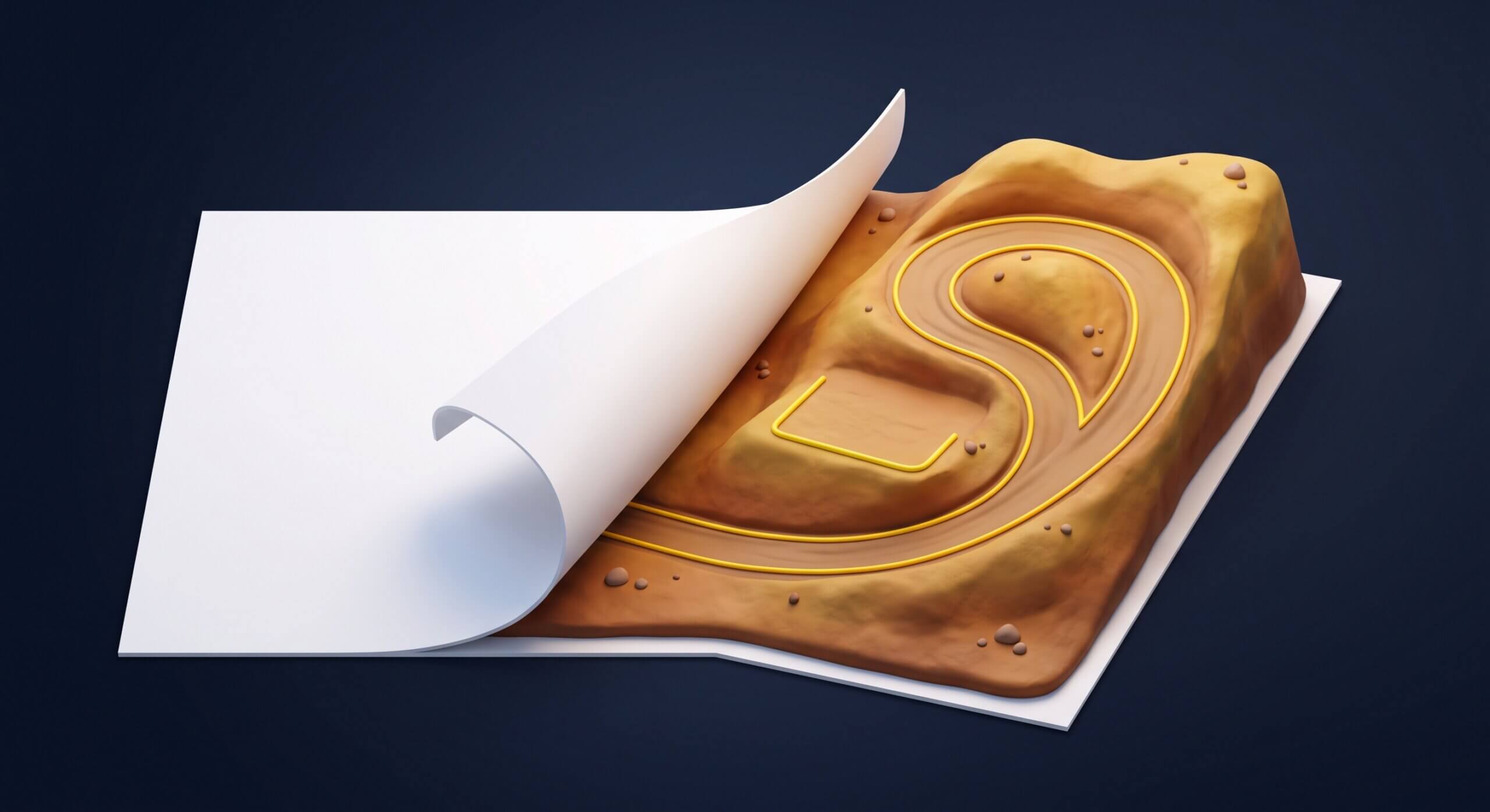 A blank sheet of paper peeling back to reveal miniature terrain with a yellow-edged haul road and graded pad