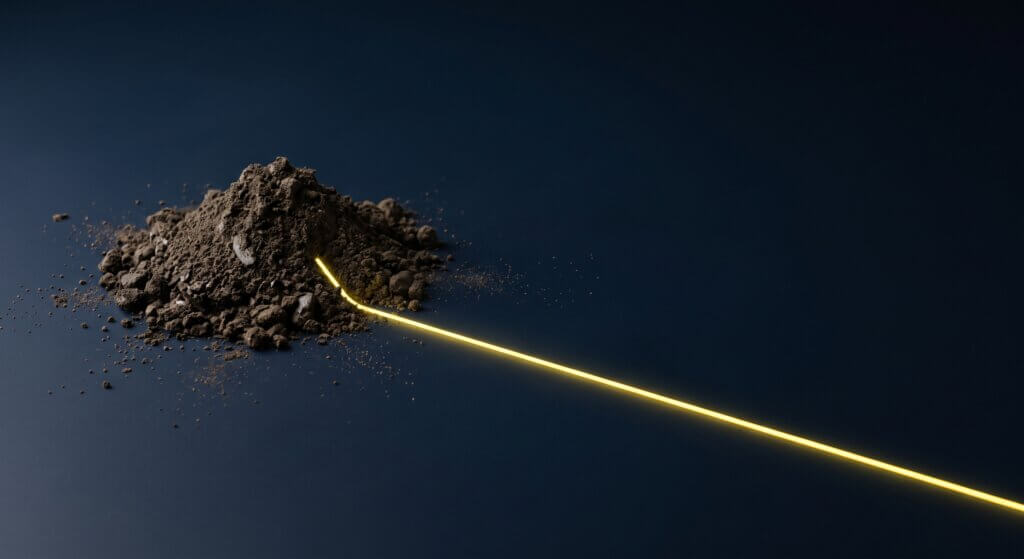 A small mound of dark soil on a navy surface with a single yellow line extending from it in a clean path