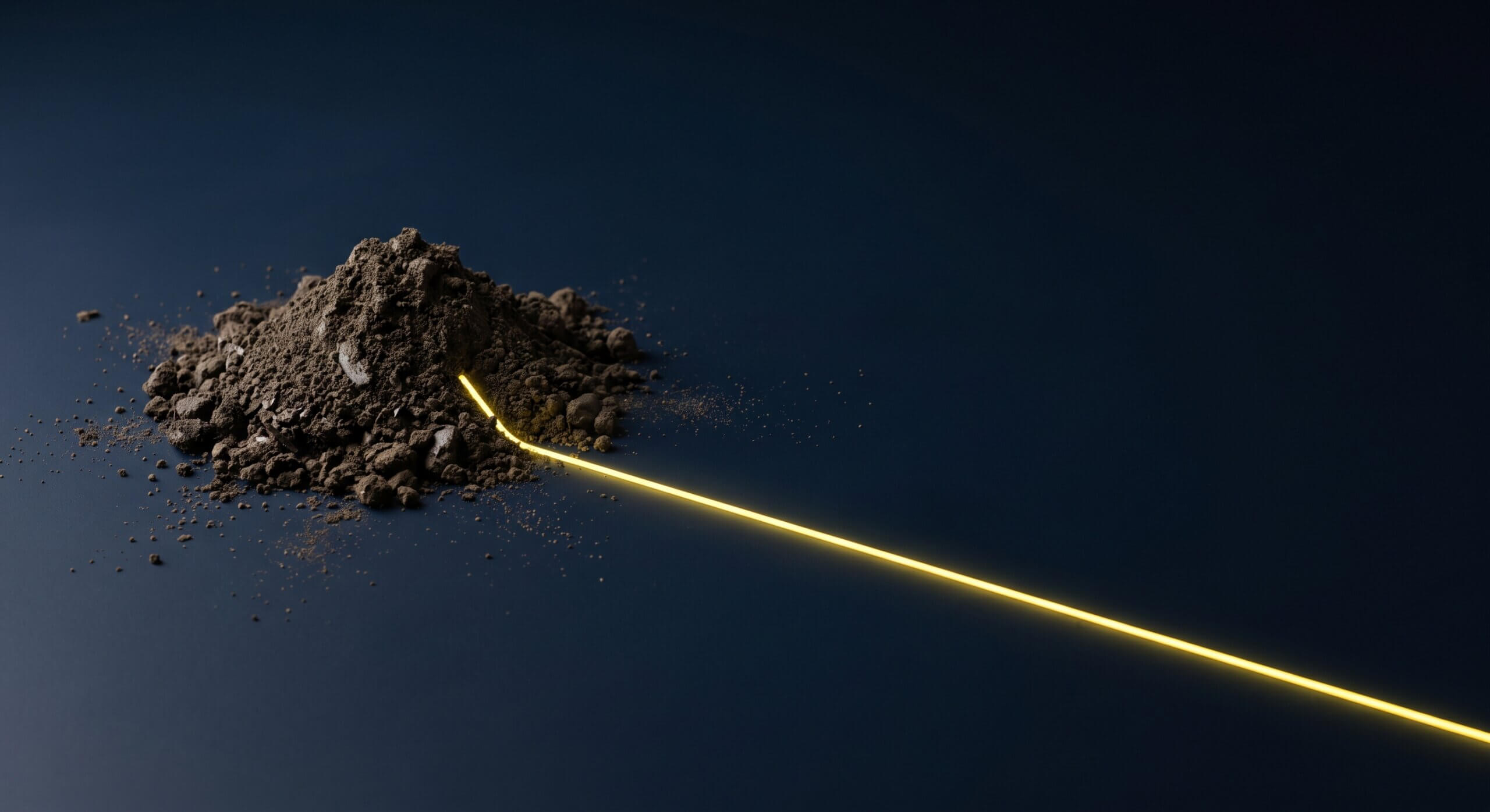A small mound of dark soil on a navy surface with a single yellow line extending from it in a clean path