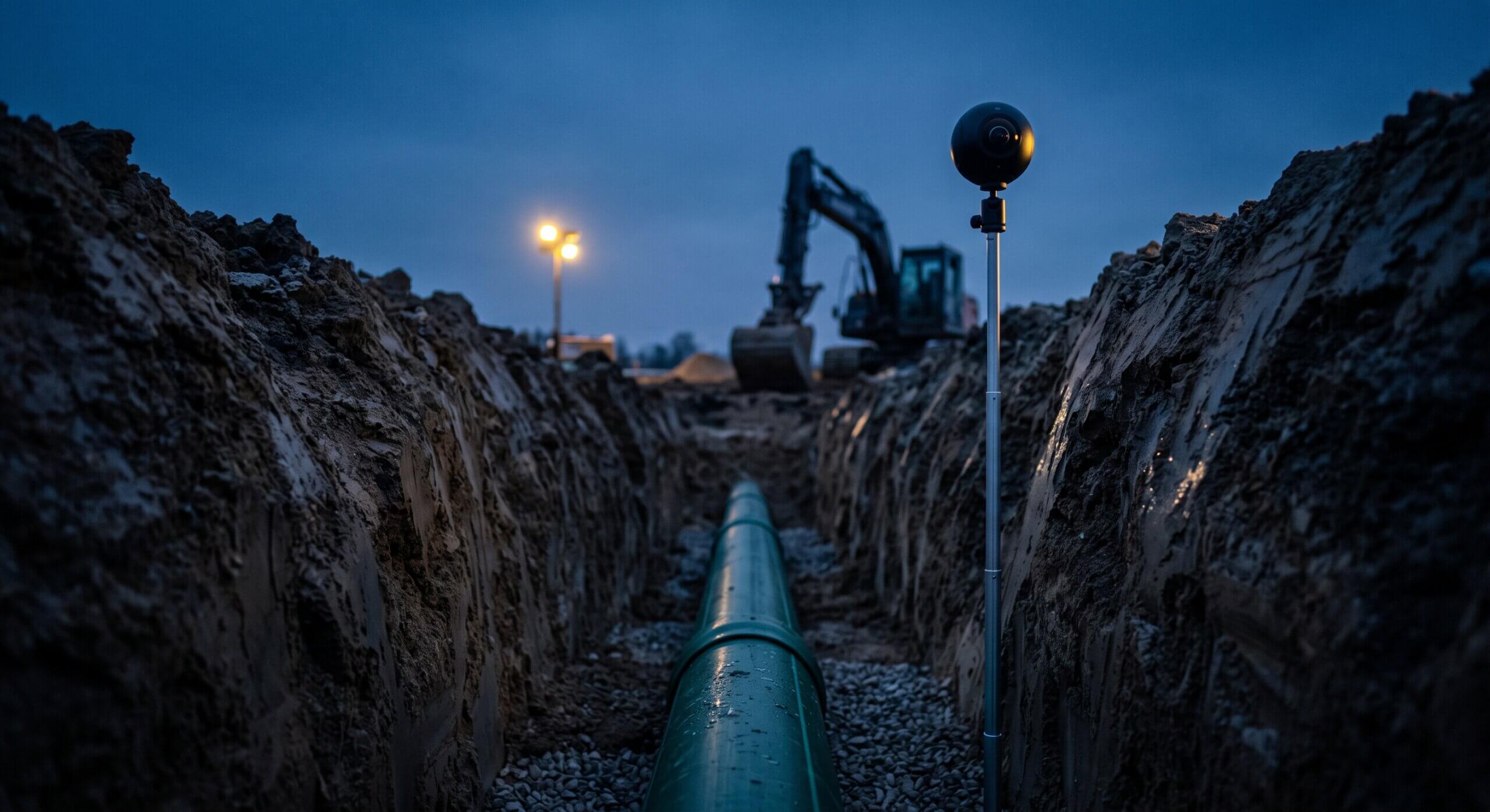 A 360 camera on a monopod at the edge of an open utility trench with a newly laid pipe at blue hour