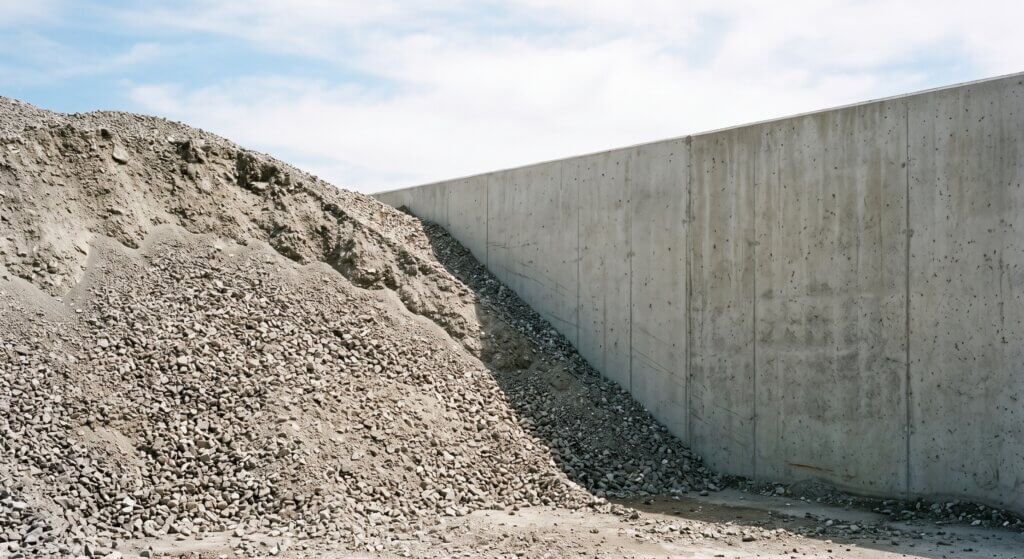 Corner of a crushed-aggregate stockpile against a clean concrete retaining wall in daylight