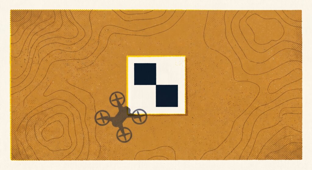 Screenprint-style illustration of a drone's shadow approaching a checkered ground control target on textured earth