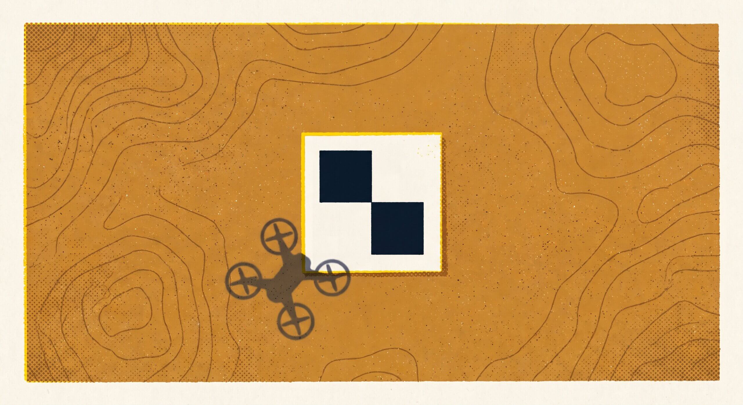Screenprint-style illustration of a drone's shadow approaching a checkered ground control target on textured earth