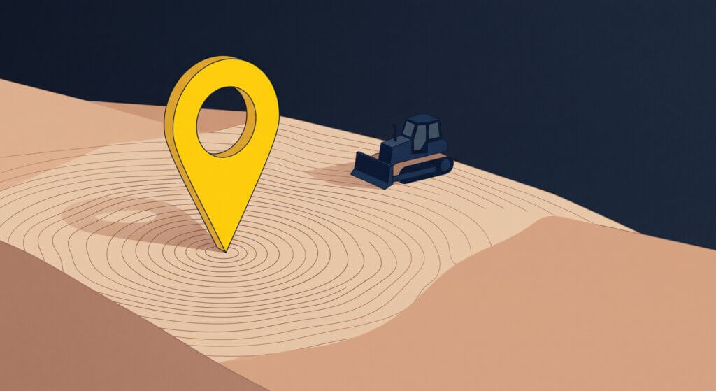 Minimal illustration of a yellow location pin set into the ground with topographic contour lines rippling outward