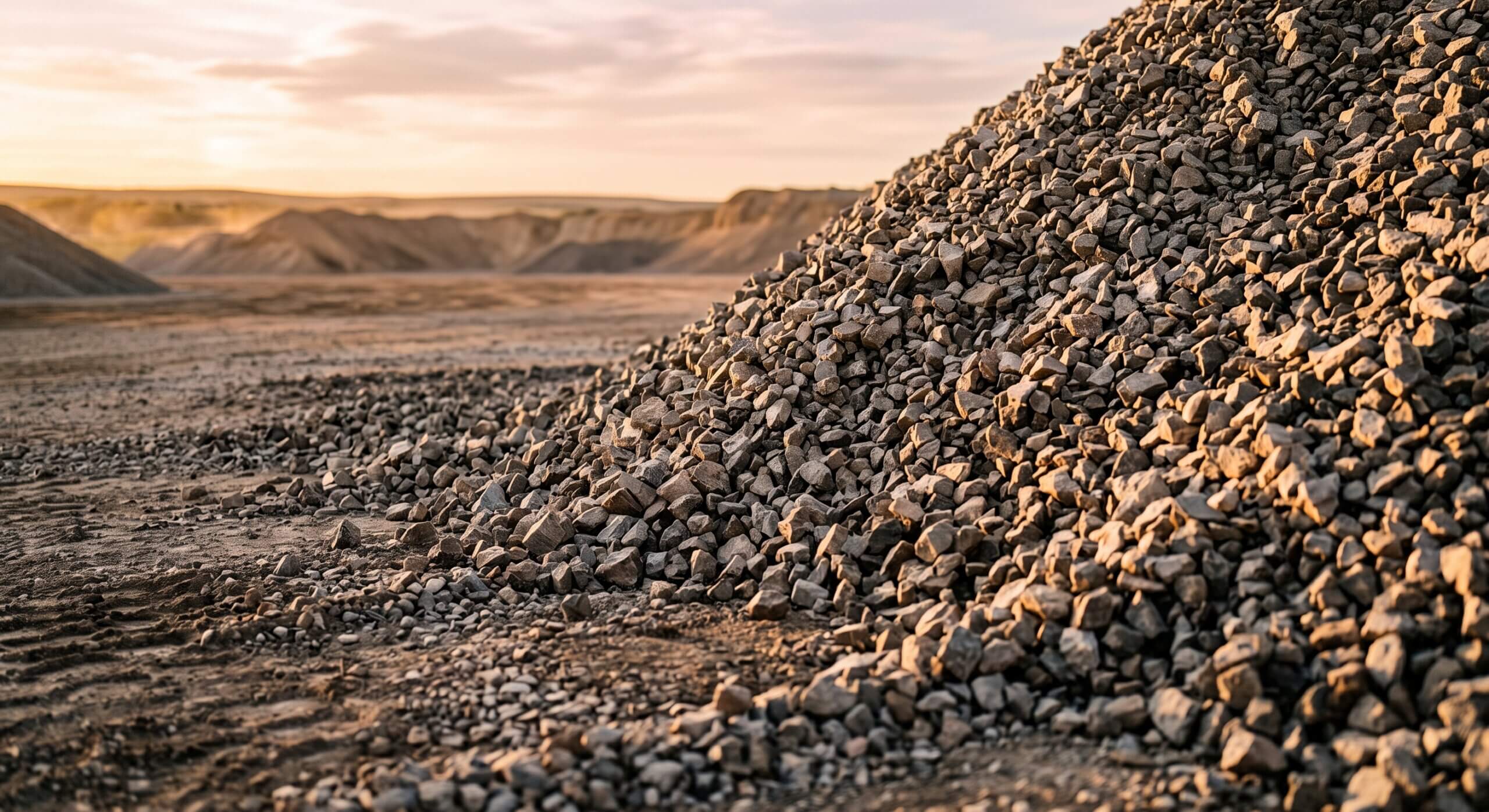 Close-up of a crushed-rock aggregate stockpile face in warm afternoon light
