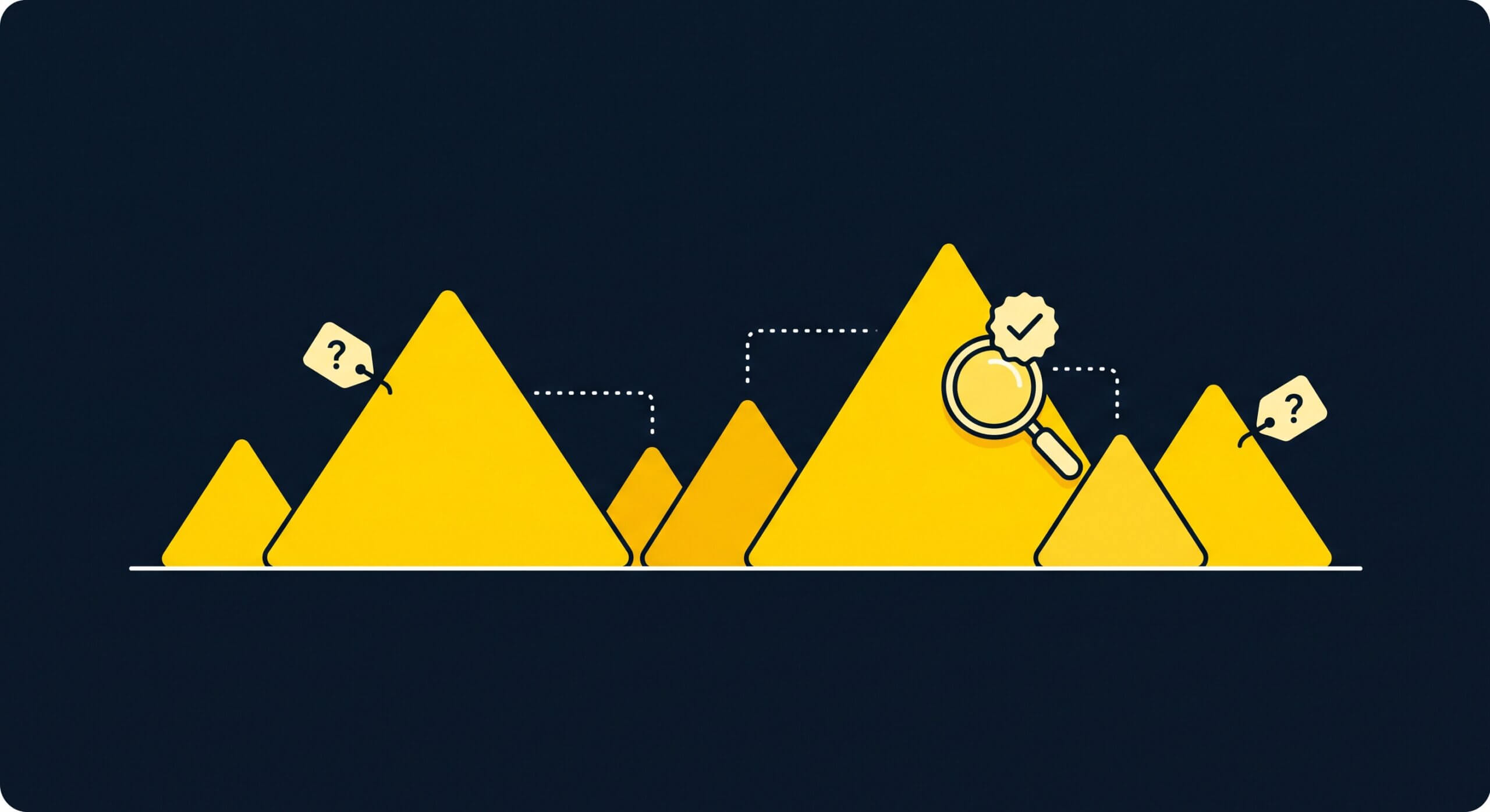 Illustration of yellow stockpiles on navy, one checked and verified while others carry question marks