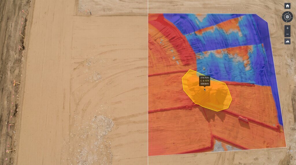 Cut/fill heat map showing design variance across an earthworks site, with colour-coded elevation differences